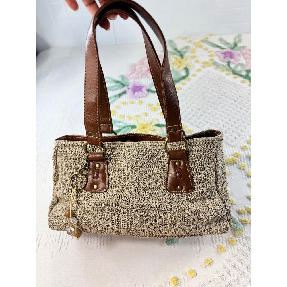 Unbranded Beige Crochet‎ Woven Shoulder Bag Brown Faux Leather Trim Boho Summer